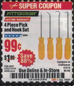 Harbor Freight Coupon 4 PC. PICK AND HOOK SET Lot No. 63697/63765/66836 Expired: 7/5/20 - $0.99