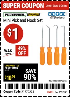 Harbor Freight Coupon 4 PC. PICK AND HOOK SET Lot No. 63697/63765/66836 Expired: 1/21/24 - $1