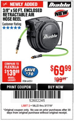 Harbor Freight Coupon 3/8" X 50 FT. ENCLOSED RETRACTABLE AIR HOSE REEL Lot No. 56876 Expired: 3/17/19 - $69.99