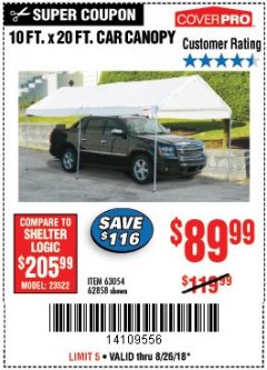Harbor Freight Coupon 10 FT. X 20 FT. PORTABLE CAR CANOPY Lot No. 63054/62858 Expired: 8/26/18 - $89.99