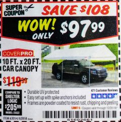 Harbor Freight Coupon 10 FT. X 20 FT. PORTABLE CAR CANOPY Lot No. 63054/62858 Expired: 12/31/18 - $97.99