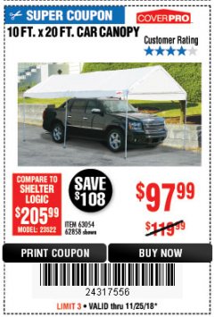 Harbor Freight Coupon 10 FT. X 20 FT. PORTABLE CAR CANOPY Lot No. 63054/62858 Expired: 11/25/18 - $97.99