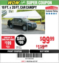 Harbor Freight Coupon 10 FT. X 20 FT. PORTABLE CAR CANOPY Lot No. 63054/62858 Expired: 4/21/19 - $99.99