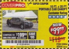 Harbor Freight Coupon 10 FT. X 20 FT. PORTABLE CAR CANOPY Lot No. 63054/62858 Expired: 10/30/19 - $99.99
