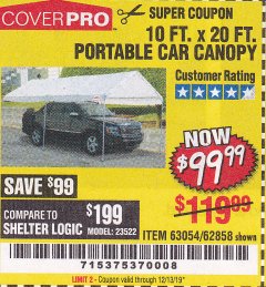 Harbor Freight Coupon 10 FT. X 20 FT. PORTABLE CAR CANOPY Lot No. 63054/62858 Expired: 12/13/19 - $99.99