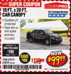Harbor Freight Coupon 10 FT. X 20 FT. PORTABLE CAR CANOPY Lot No. 63054/62858 Expired: 8/31/19 - $99.99
