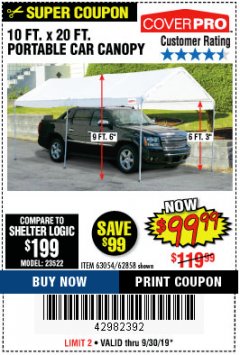 Harbor Freight Coupon 10 FT. X 20 FT. PORTABLE CAR CANOPY Lot No. 63054/62858 Expired: 9/30/19 - $99.99