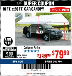 Harbor Freight Coupon 10 FT. X 20 FT. PORTABLE CAR CANOPY Lot No. 63054/62858 Expired: 9/22/19 - $79.99