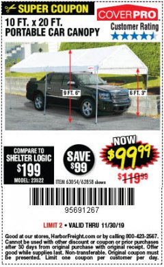 Harbor Freight Coupon 10 FT. X 20 FT. PORTABLE CAR CANOPY Lot No. 63054/62858 Expired: 11/30/19 - $99.99