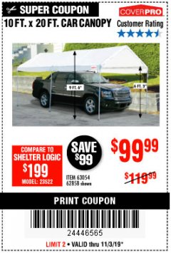Harbor Freight Coupon 10 FT. X 20 FT. PORTABLE CAR CANOPY Lot No. 63054/62858 Expired: 11/3/19 - $99.99