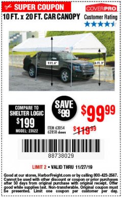 Harbor Freight Coupon 10 FT. X 20 FT. PORTABLE CAR CANOPY Lot No. 63054/62858 Expired: 11/27/19 - $99.99