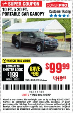 Harbor Freight Coupon 10 FT. X 20 FT. PORTABLE CAR CANOPY Lot No. 63054/62858 Expired: 2/23/20 - $99.99