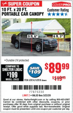 Harbor Freight Coupon 10 FT. X 20 FT. PORTABLE CAR CANOPY Lot No. 63054/62858 Expired: 3/22/20 - $89.99
