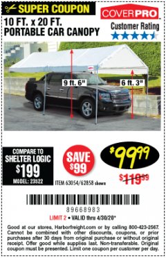 Harbor Freight Coupon 10 FT. X 20 FT. PORTABLE CAR CANOPY Lot No. 63054/62858 Expired: 6/30/20 - $99.99