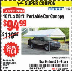 Harbor Freight Coupon 10 FT. X 20 FT. PORTABLE CAR CANOPY Lot No. 63054/62858 Expired: 9/25/20 - $94.99