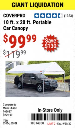 Harbor Freight Coupon 10 FT. X 20 FT. PORTABLE CAR CANOPY Lot No. 63054/62858 Expired: 9/30/20 - $99.99