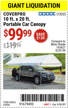 Harbor Freight Coupon 10 FT. X 20 FT. PORTABLE CAR CANOPY Lot No. 63054/62858 Expired: 9/30/20 - $99.99