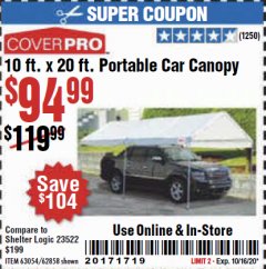 Harbor Freight Coupon 10 FT. X 20 FT. PORTABLE CAR CANOPY Lot No. 63054/62858 Expired: 10/16/20 - $94.99