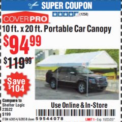 Harbor Freight Coupon 10 FT. X 20 FT. PORTABLE CAR CANOPY Lot No. 63054/62858 Expired: 10/13/20 - $94.99