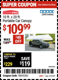 Harbor Freight Coupon 10 FT. X 20 FT. PORTABLE CAR CANOPY Lot No. 63054/62858 Expired: 2/19/23 - $109.99