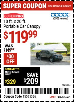 Harbor Freight Coupon 10 FT. X 20 FT. PORTABLE CAR CANOPY Lot No. 63054/62858 Expired: 8/17/23 - $119.99