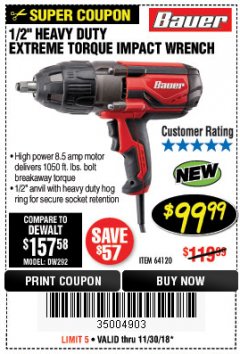 Harbor Freight Coupon BAUER 1/2" EXTREME TORQUE CORDED IMPACT WRENCH Lot No. 64120 Expired: 11/30/18 - $99.99
