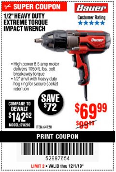 Harbor Freight Coupon BAUER 1/2" EXTREME TORQUE CORDED IMPACT WRENCH Lot No. 64120 Expired: 12/1/19 - $69.99