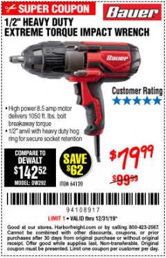 Harbor Freight Coupon BAUER 1/2" EXTREME TORQUE CORDED IMPACT WRENCH Lot No. 64120 Expired: 12/31/19 - $79.99