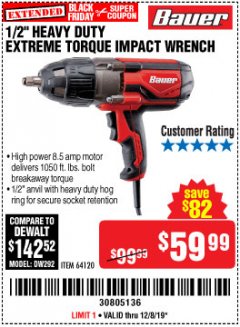 Harbor Freight Coupon BAUER 1/2" EXTREME TORQUE CORDED IMPACT WRENCH Lot No. 64120 Expired: 12/8/19 - $59.99