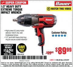 Harbor Freight Coupon BAUER 1/2" EXTREME TORQUE CORDED IMPACT WRENCH Lot No. 64120 Expired: 2/23/20 - $89.99