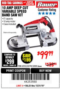 Harbor Freight Coupon BAUER 10 AMP DEEP CUT VARIABLE SPEED BAND SAW KIT Lot No. 63763/64194/63444 Expired: 12/31/18 - $99.99
