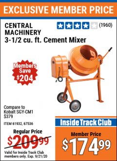Harbor Freight ITC Coupon 3-1/2 CUBIC FT. CEMENT MIXER Lot No. 67536/61932 Expired: 9/21/20 - $174.99