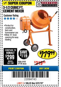 Harbor Freight Coupon 3-1/2 CUBIC FT. CEMENT MIXER Lot No. 67536/61932 Expired: 5/31/18 - $179.99