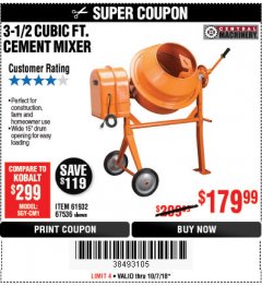 Harbor Freight Coupon 3-1/2 CUBIC FT. CEMENT MIXER Lot No. 67536/61932 Expired: 10/7/18 - $179.99
