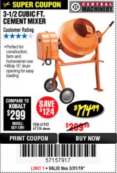 Harbor Freight Coupon 3-1/2 CUBIC FT. CEMENT MIXER Lot No. 67536/61932 Expired: 3/31/19 - $174.99