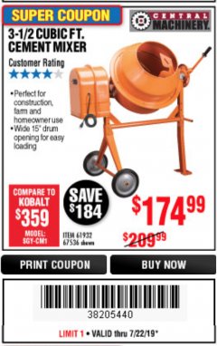 Harbor Freight Coupon 3-1/2 CUBIC FT. CEMENT MIXER Lot No. 67536/61932 Expired: 7/22/19 - $174.99