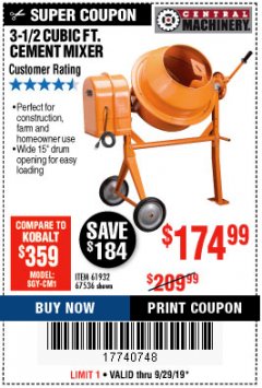 Harbor Freight Coupon 3-1/2 CUBIC FT. CEMENT MIXER Lot No. 67536/61932 Expired: 9/29/19 - $174.99