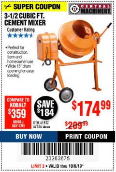 Harbor Freight Coupon 3-1/2 CUBIC FT. CEMENT MIXER Lot No. 67536/61932 Expired: 10/6/19 - $174.99