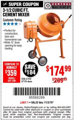 Harbor Freight Coupon 3-1/2 CUBIC FT. CEMENT MIXER Lot No. 67536/61932 Expired: 11/3/19 - $174.99