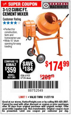 Harbor Freight Coupon 3-1/2 CUBIC FT. CEMENT MIXER Lot No. 67536/61932 Expired: 11/27/19 - $174.99