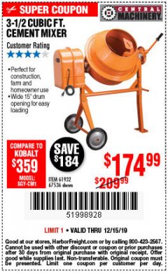 Harbor Freight Coupon 3-1/2 CUBIC FT. CEMENT MIXER Lot No. 67536/61932 Expired: 12/15/19 - $174.99