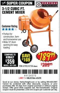 Harbor Freight Coupon 3-1/2 CUBIC FT. CEMENT MIXER Lot No. 67536/61932 Expired: 6/30/20 - $189.99