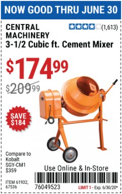 Harbor Freight Coupon 3-1/2 CUBIC FT. CEMENT MIXER Lot No. 67536/61932 Expired: 6/30/20 - $174.99