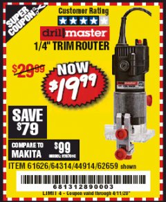 Harbor Freight Coupon 1/4” TRIM ROUTER Lot No. 61626/62659/44914 Expired: 6/30/20 - $19.99