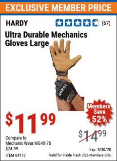 Harbor Freight ITC Coupon ULTRA DURABLE MECHANIC'S GLOVES Lot No. 64175/64176/64177 Expired: 9/30/20 - $11.99