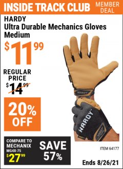 Harbor Freight ITC Coupon ULTRA DURABLE MECHANIC'S GLOVES Lot No. 64175/64176/64177 Expired: 8/26/21 - $11.99