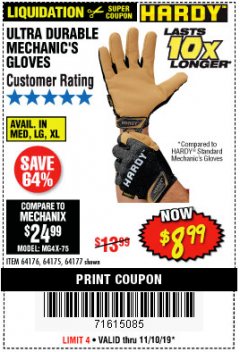 Harbor Freight Coupon ULTRA DURABLE MECHANIC'S GLOVES Lot No. 64175/64176/64177 Expired: 11/10/19 - $8.99