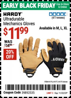 Harbor Freight Coupon ULTRA DURABLE MECHANIC'S GLOVES Lot No. 64175/64176/64177 Expired: 11/22/23 - $11.99