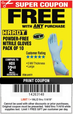 Harbor Freight FREE Coupon 5 MIL, LARGE POWDER-FREE NITRILE GLOVES PACK OF 10 Lot No. 64419 Expired: 11/4/18 - FWP