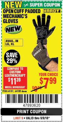 Harbor Freight Coupon OPEN CUFF PADDED MECHANIC'S GLOVES Lot No. 64181/64180 Expired: 9/9/18 - $7.99